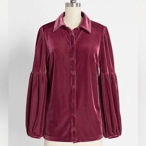 Modcloth Here For the Drama Button Up Corduroy Velvet Top Balloon Sleeve Wine S
